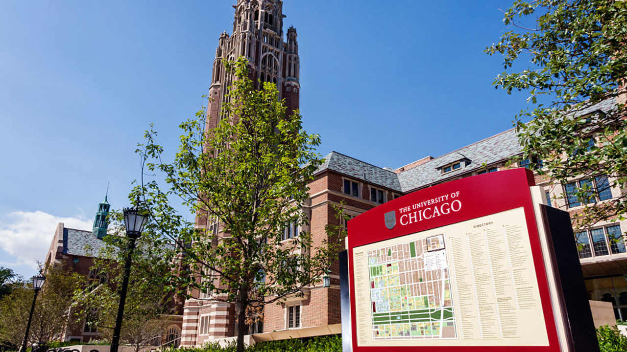 Hyde Park campus, University of Chicago map sign.