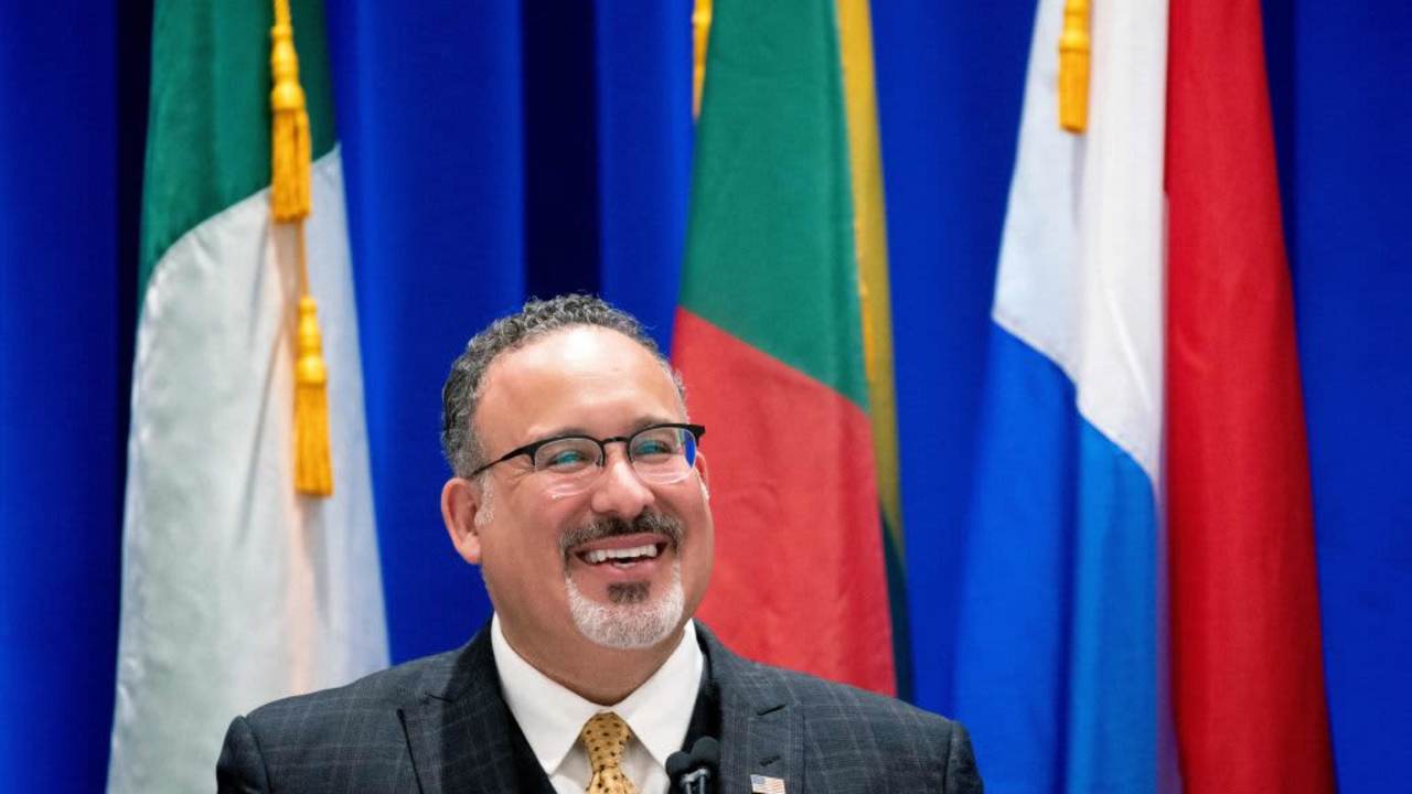 US Secretary of Education Miguel Cardona speaks during the 2023 International Summit on the Teaching Profession in Washington, DC.