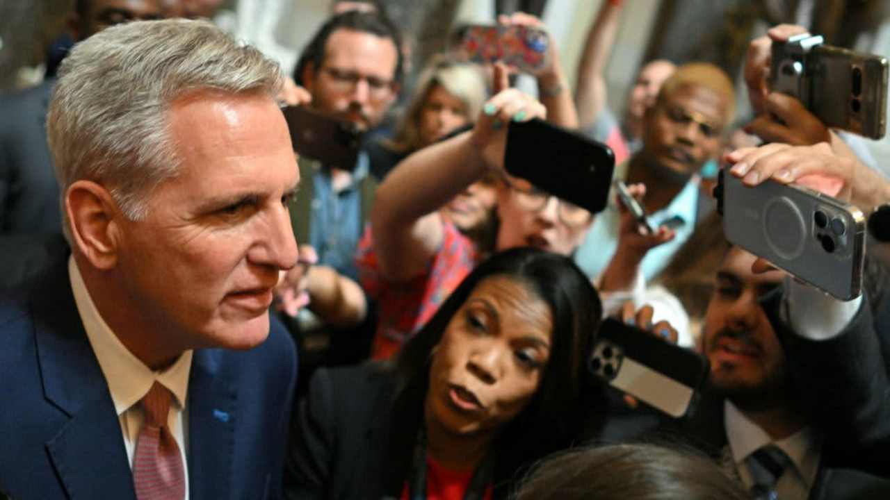 US House Speaker Kevin McCarthy (R-CA) speaks to members of the media in Statuary Hall at the US Capitol in Washington, DC, on May 30, 2023