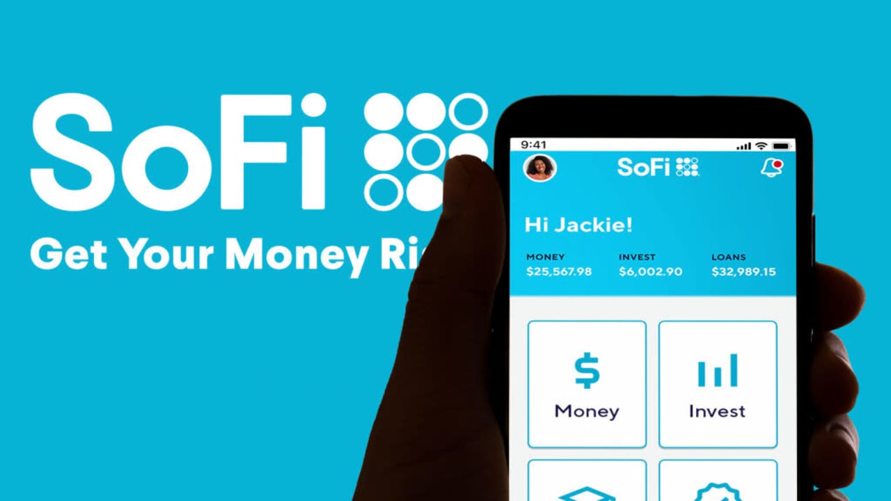 In this photo illustration the online payment and banking app SoFi logo is seen on the screen of a mobile phone.