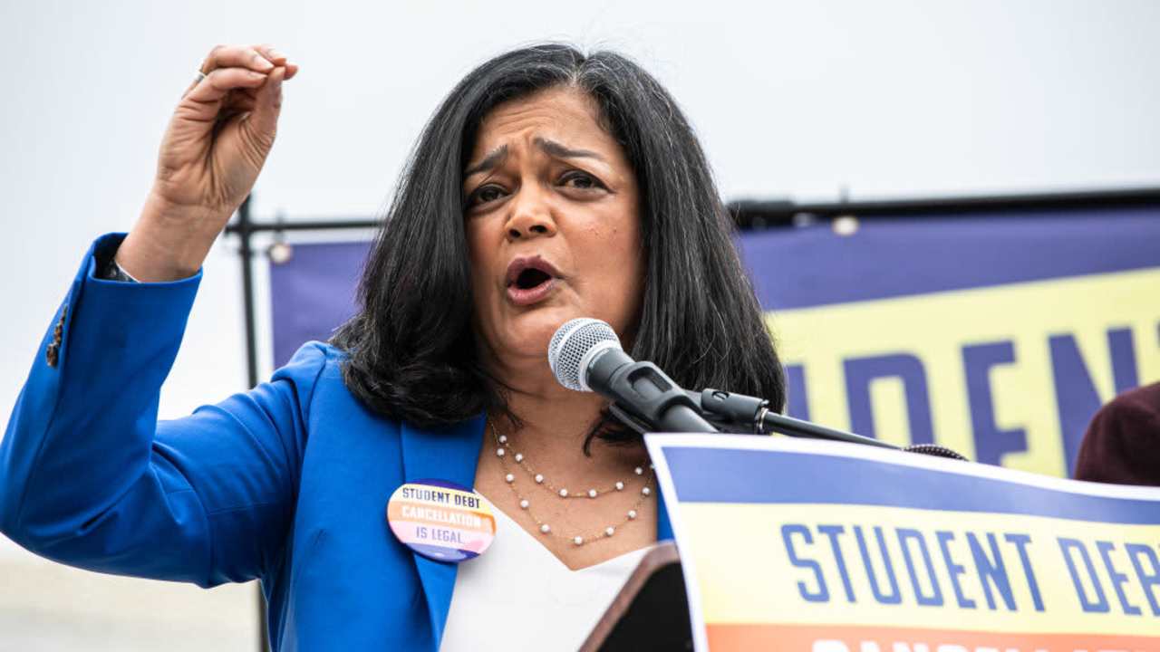Representative Pramila Jayapal speaking about student debt cancellation program