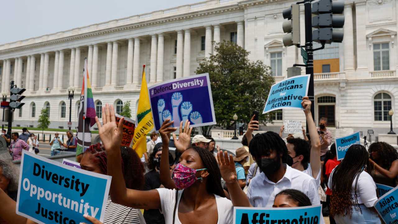 Affirmative action supporters protest near the U.S. Supreme Court Building