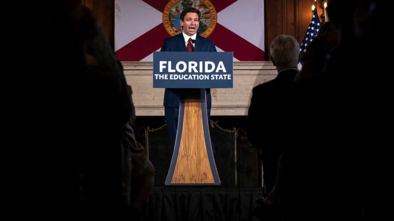 Florida Governor Ron DeSantis takes questions from the media after signing three education bills on the New College of Florida campus in Sarasota, Florida, on May 15, 2023.