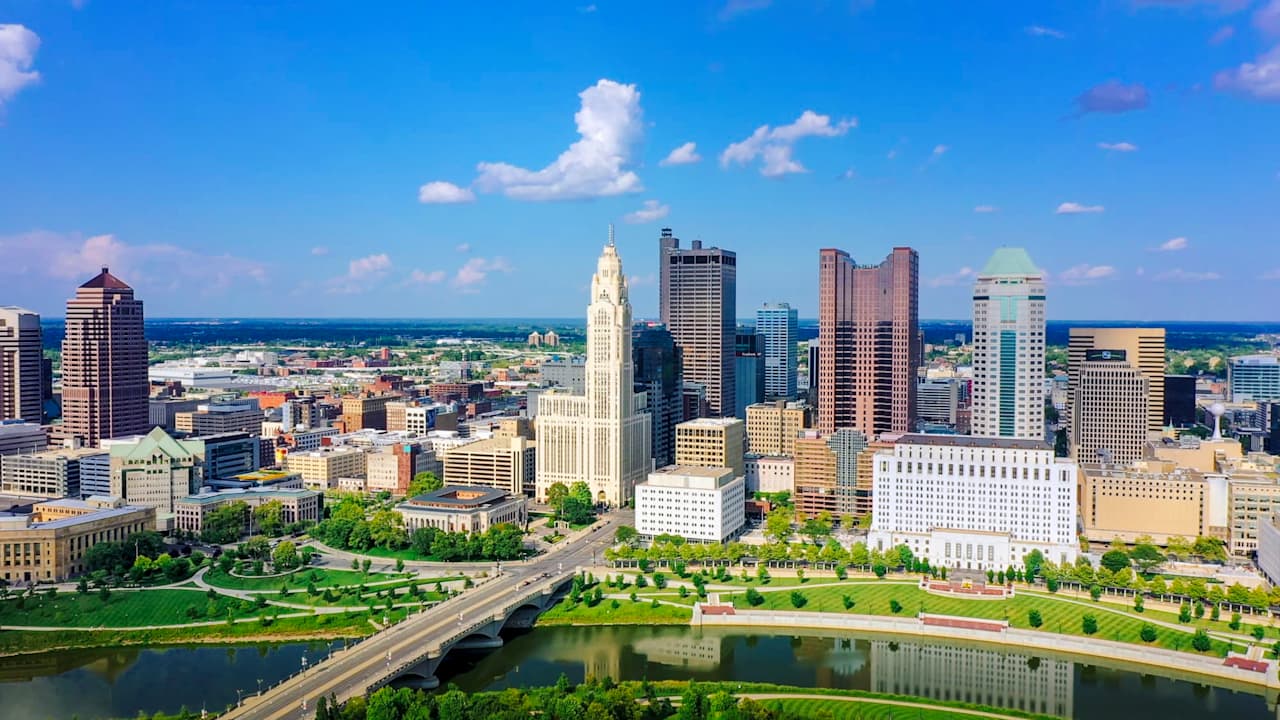Aerial view of Downtown Columbus Ohio with Scioto river