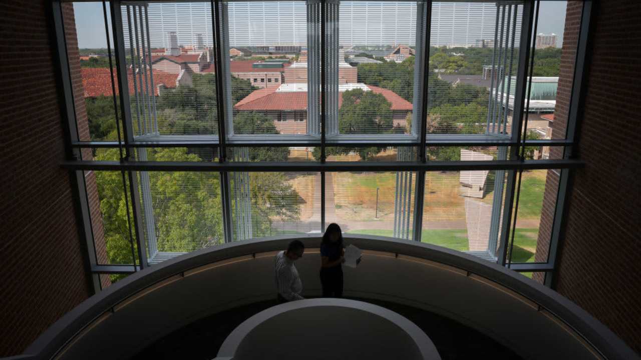 Looking outside a window on RIce University campus