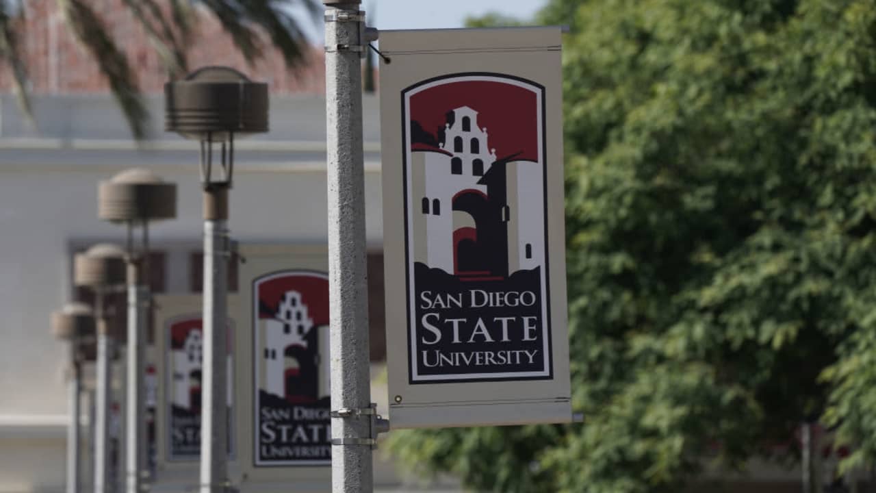 San Diego State University banners hanging on campus