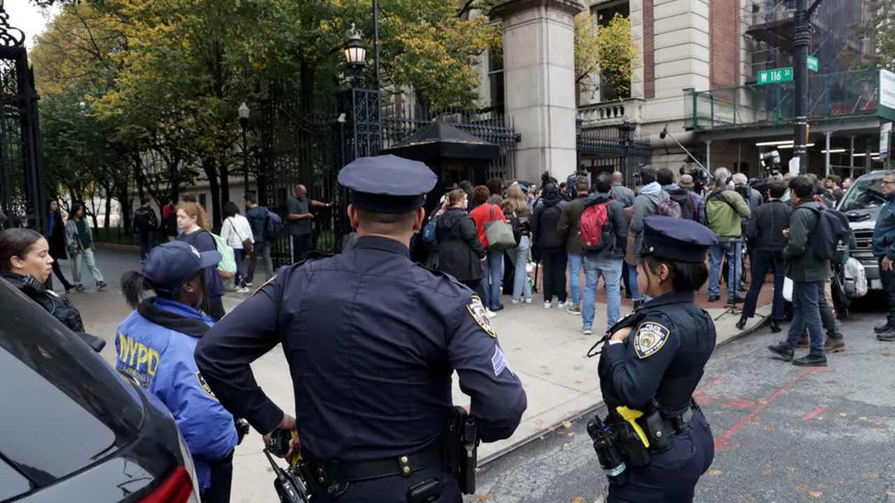 NYPD Officers keep a safe distance during Jewish students currently enrolled at Columbia University press conference at the University Campus on Oct. 30, 2023