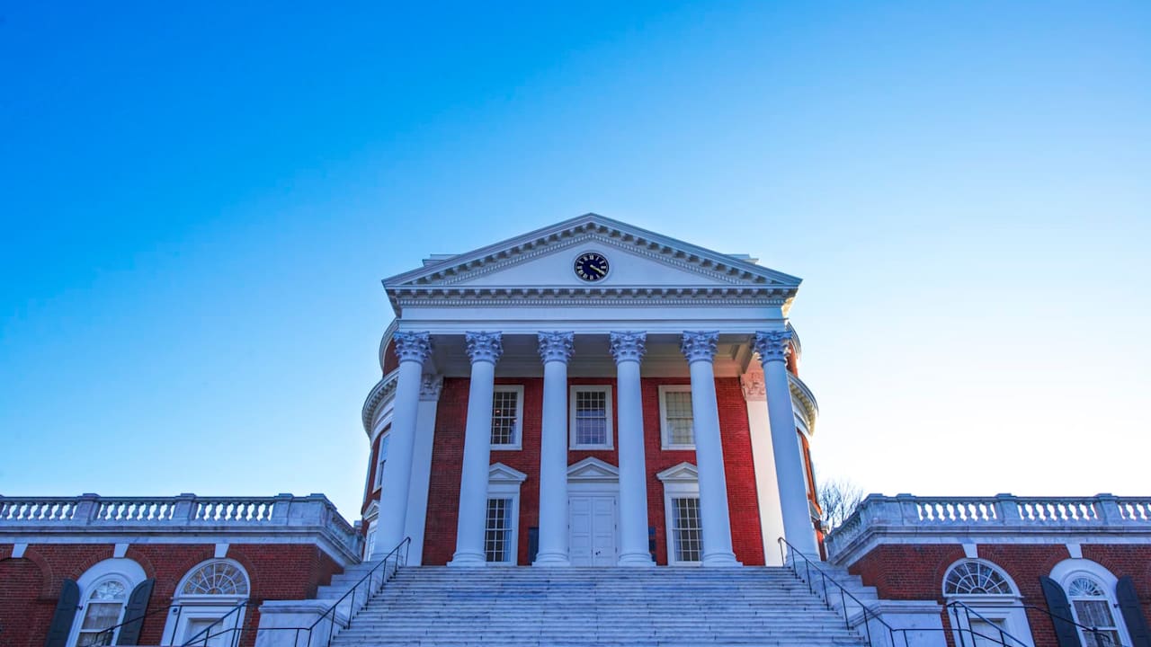Symmetrical Greek style front, in Charlottesville, Virginia, of the famous ROTUNDA, center of the University of Virginia campus, designed by Pres. Thomas Jefferson