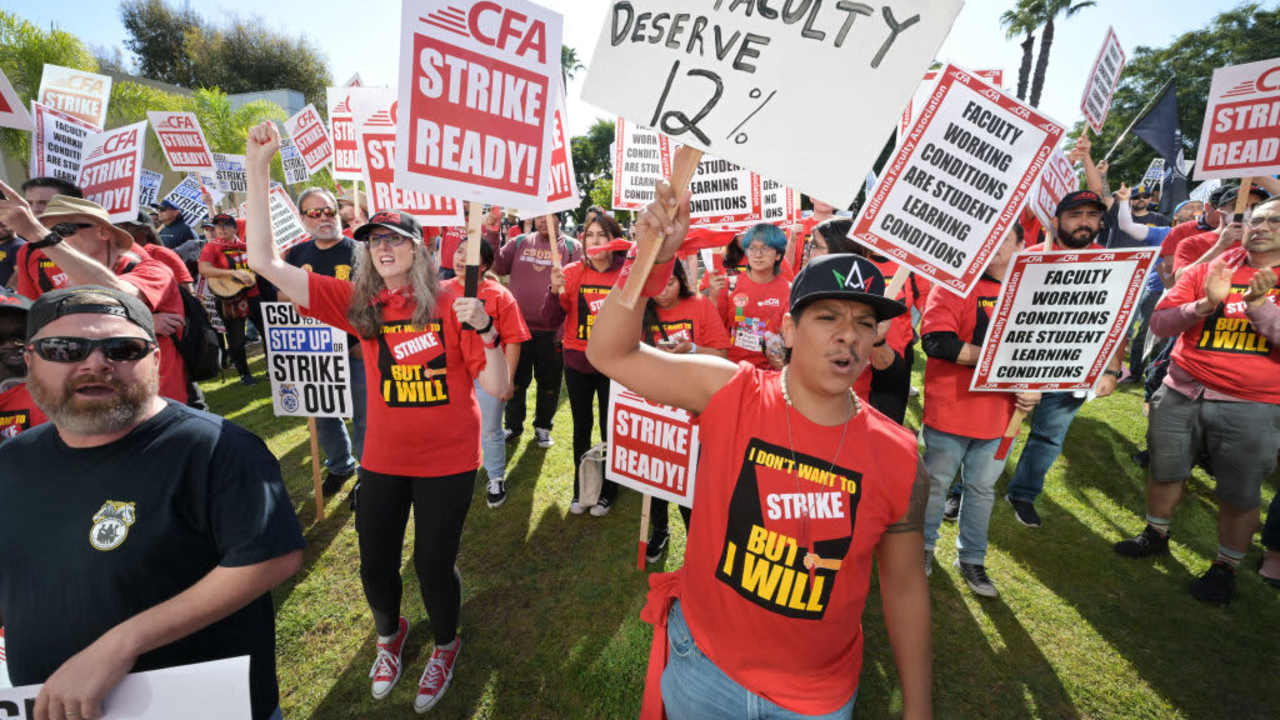 California Faculty Association members protest at the CSU Chancellors office