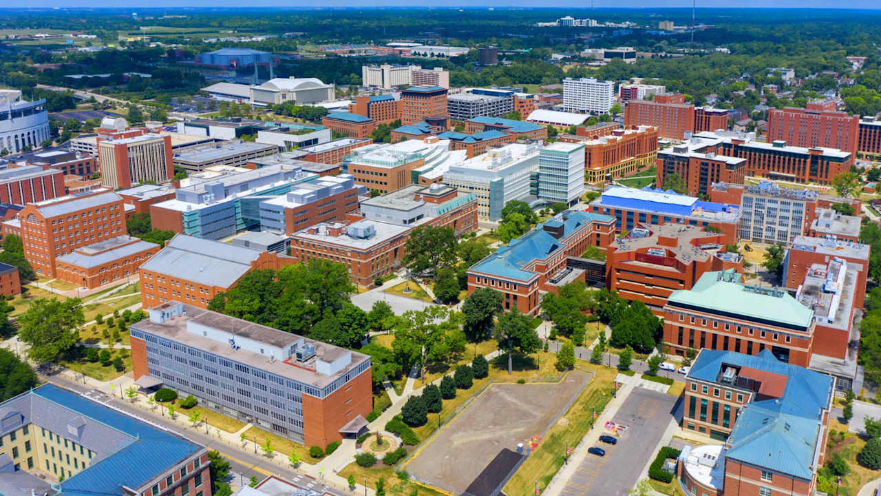 Aerial view of the Ohio State University campus in downtown Columbus, Ohio.