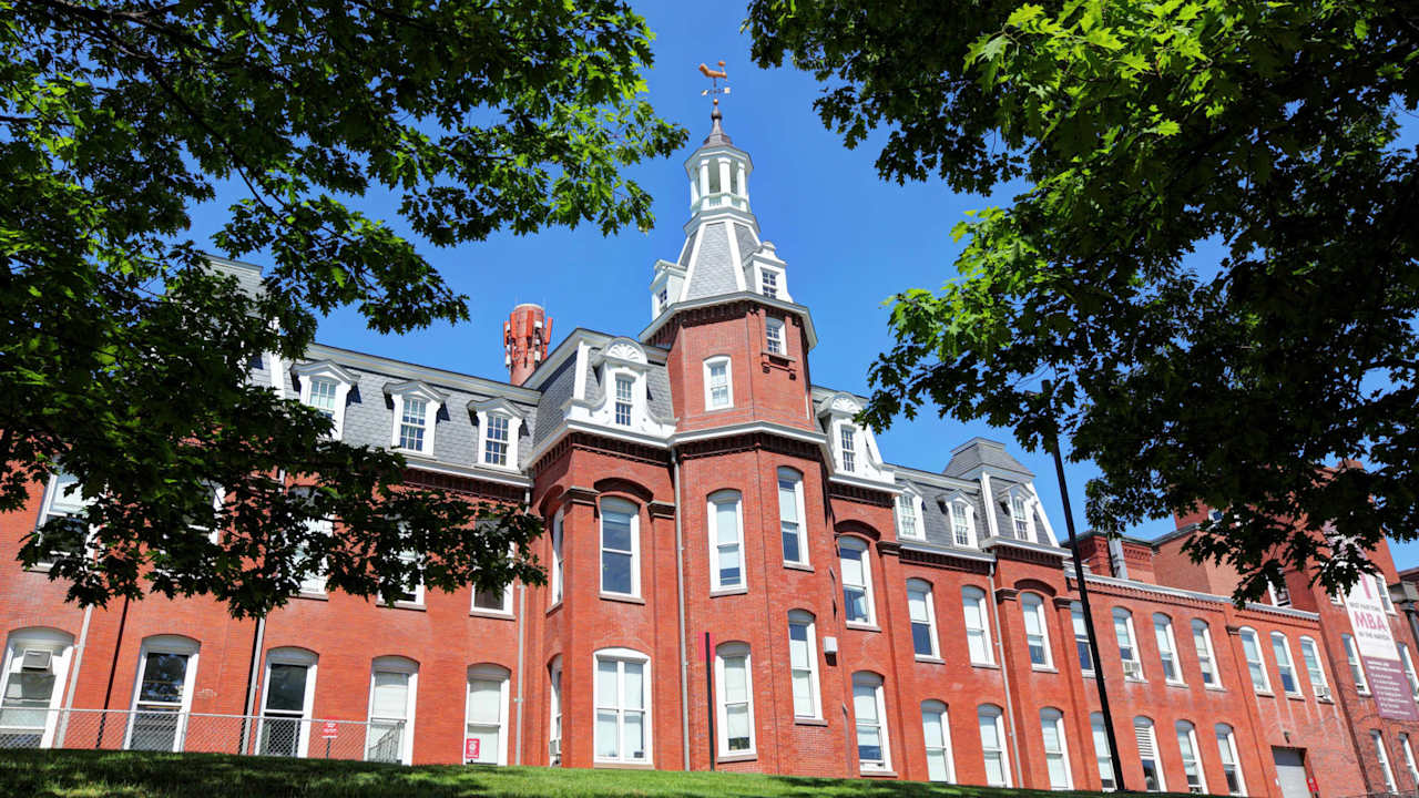Daytime view of Washburn Shops, where WPI's first hands-on classrooms and laboratories were built in the 19th century
