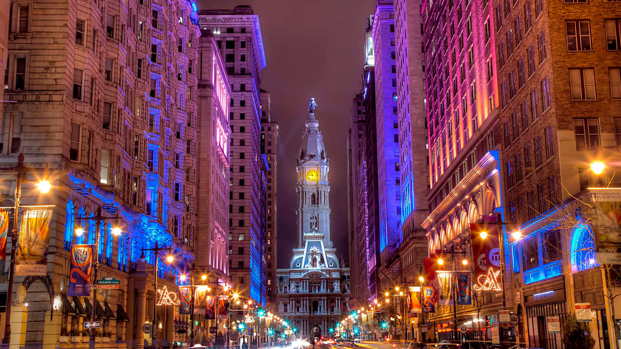 Philadelphia City Hall lit up at night