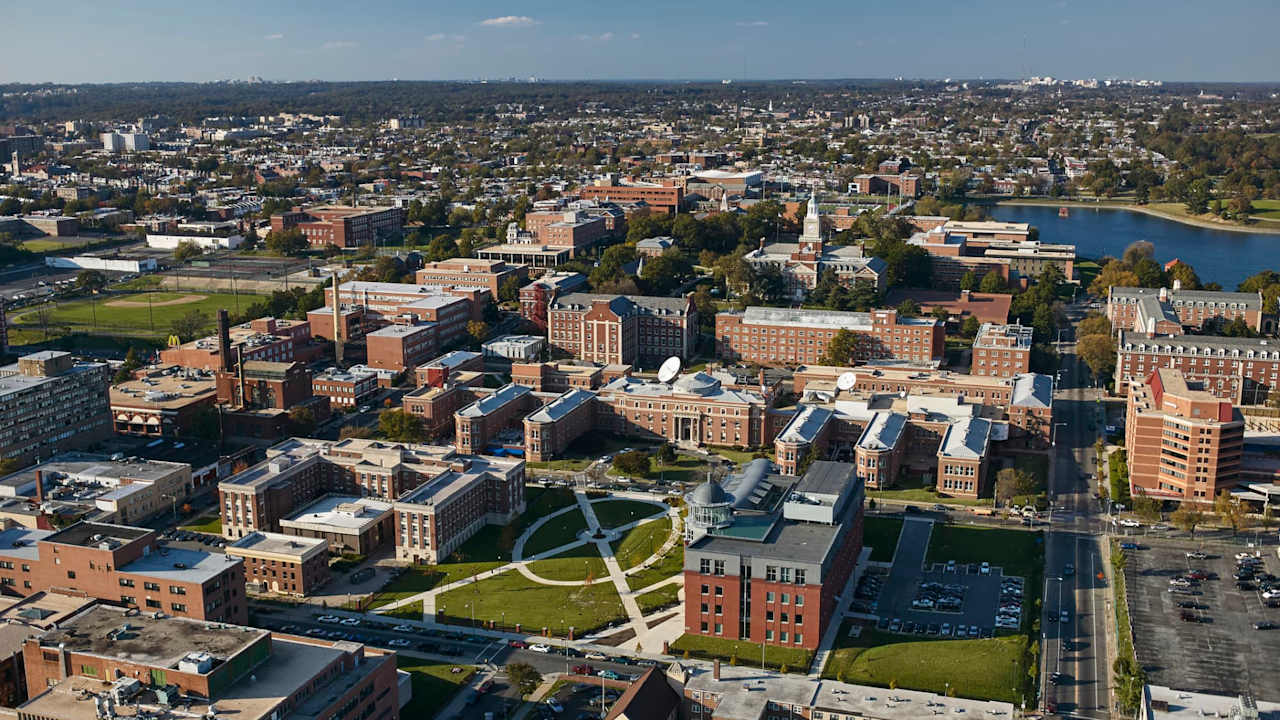 Aerial view of Howard University campus in Washington, DC.