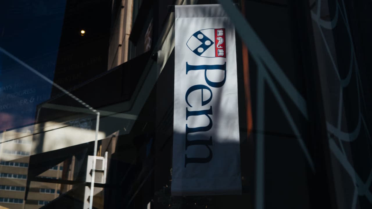 A banner for the University of Pennsylvania on campus in Philadelphia, Pennsylvania, on December 8, 2023.