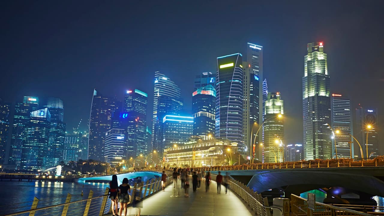 Financial district of Singapore lit at night