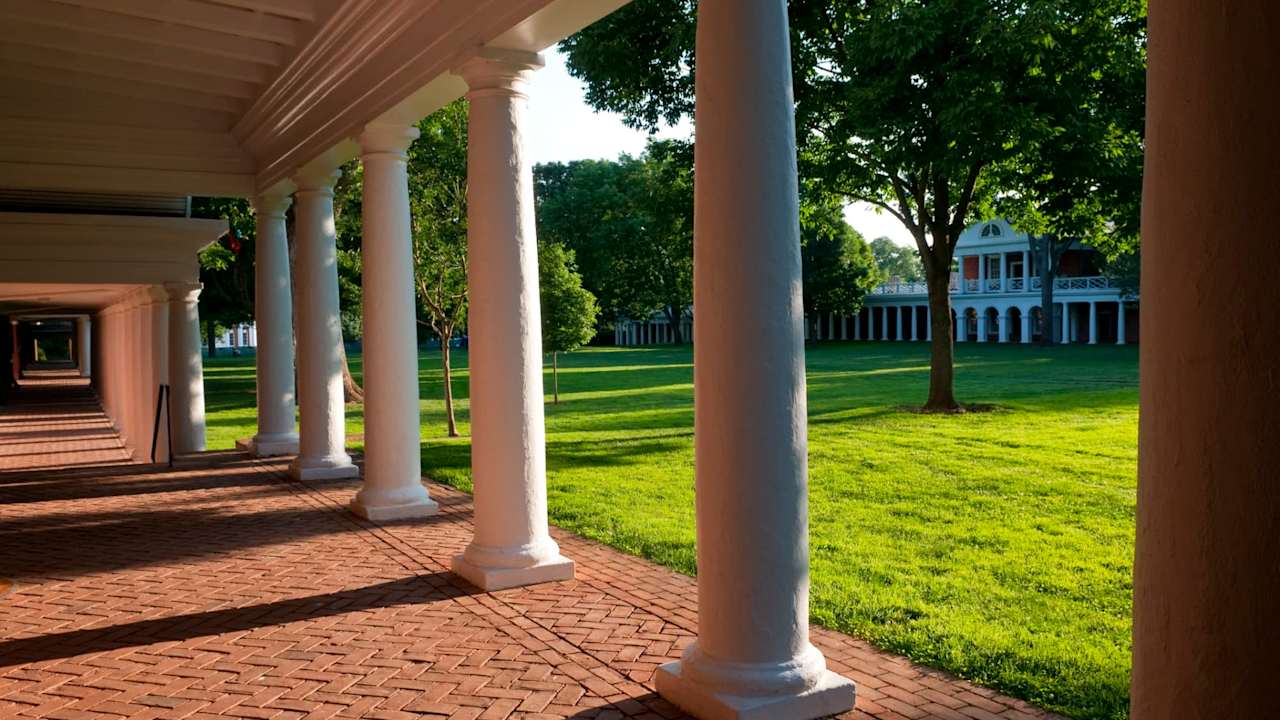 The Lawn in late afternoon at the historic University of Virginia campus in Charlottesville, Virginia. The lawn was part of Thomas Jefferson's campus design.