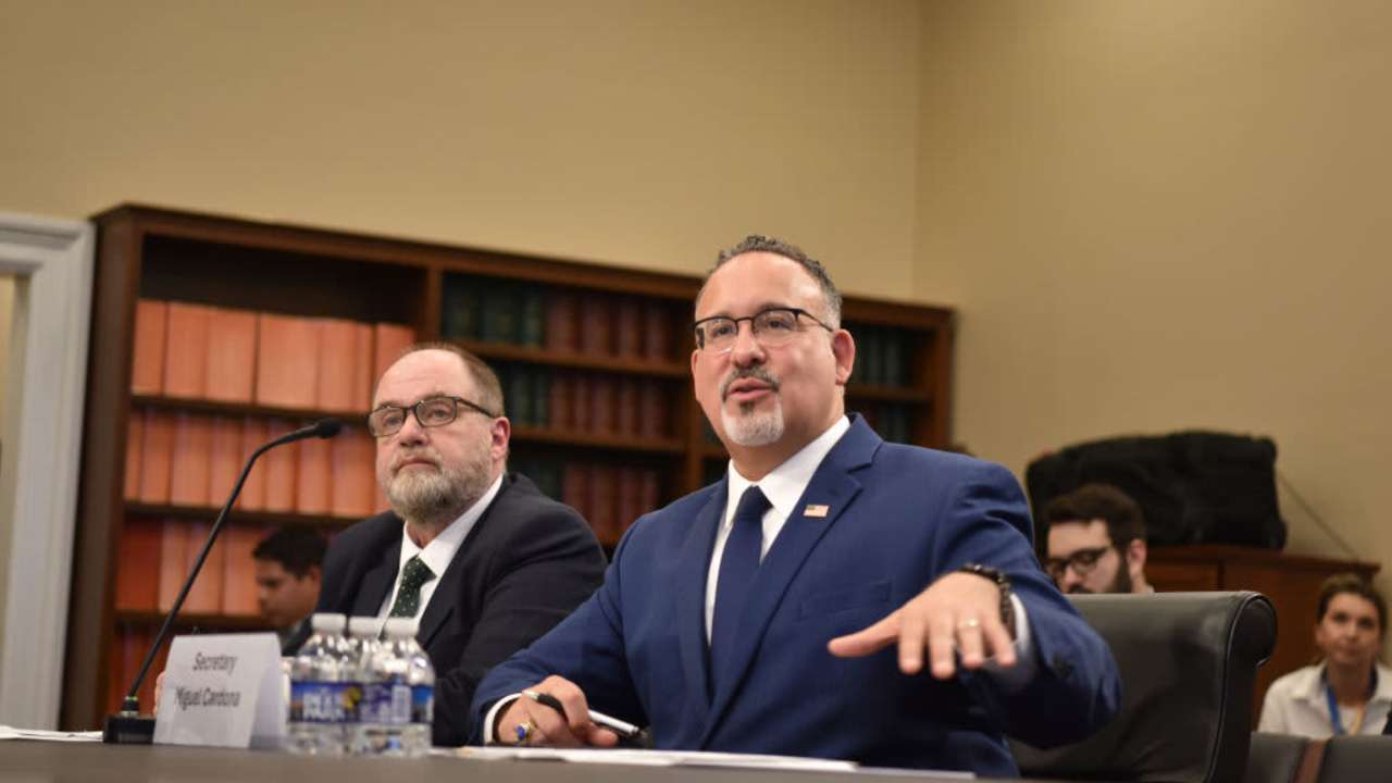 US Secretary of Education Miguel Cardona testifies before the House Appropriations Subcommittee on the Department of Education 2025 budget on April 10, 2024 in Washington, DC.