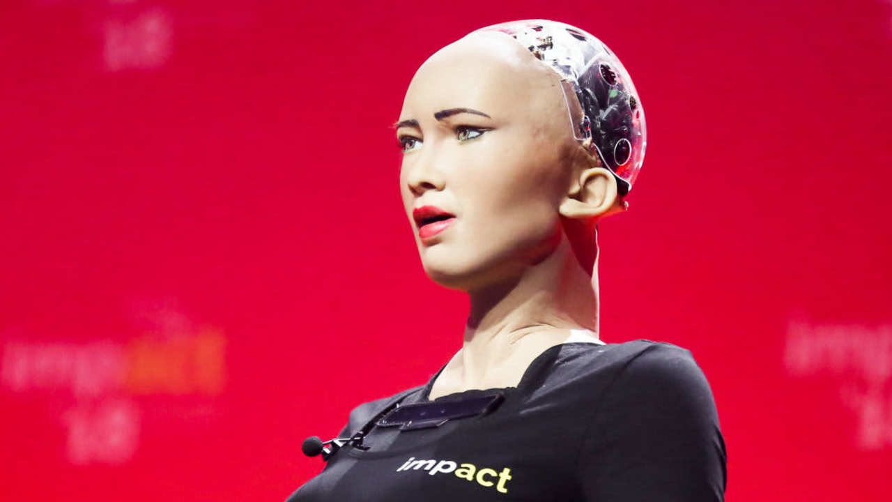 Sophia the Robot speaking on stage at the Impact18 Congress event held in Krakow, Poland.