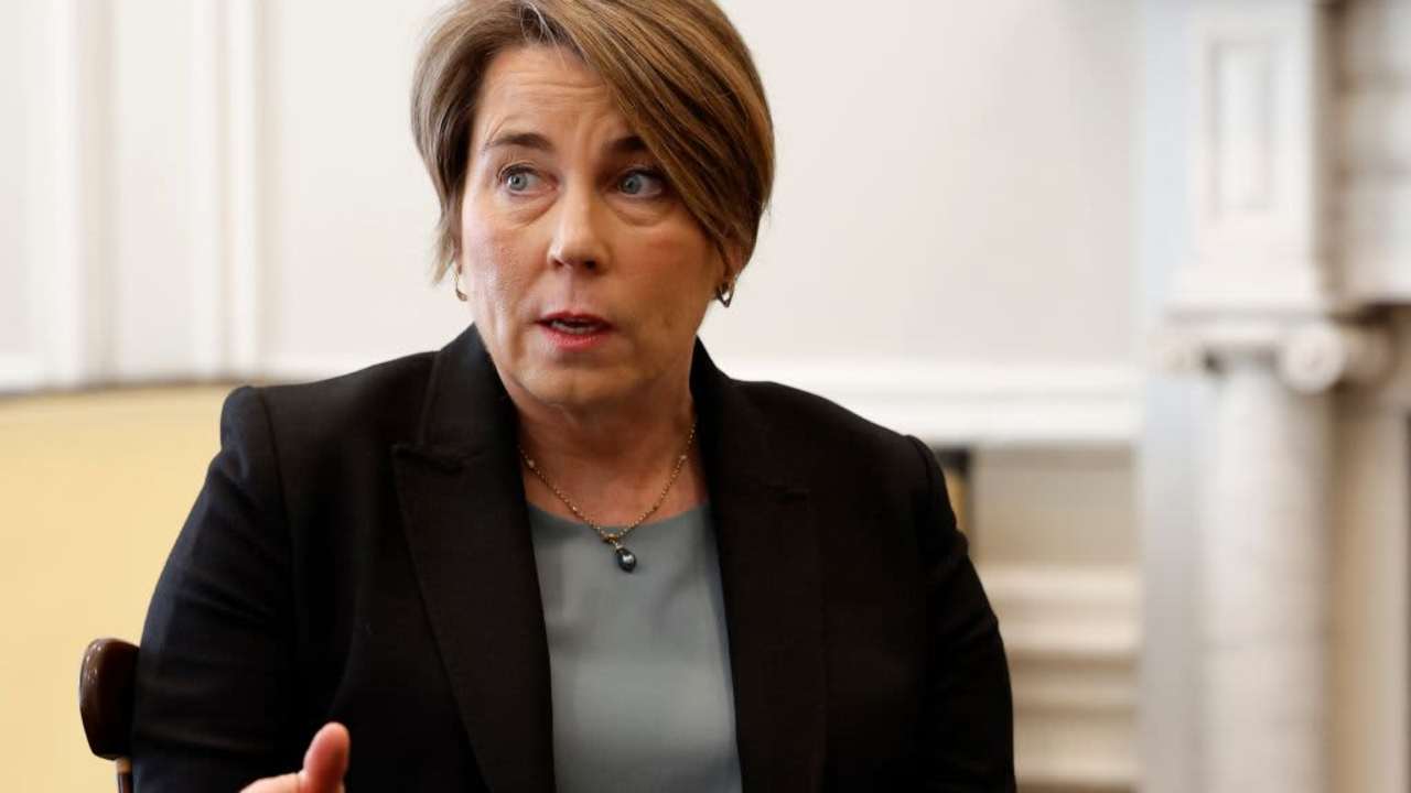 Massachusetts Governor Maura Healey speaks during an interview in Lieutenant Governor Kim Driscoll's office in the Massachusetts State House in Boston.