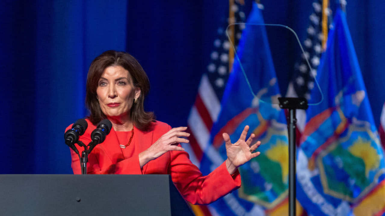 Kathy Hochul, governor of New York, speaks during an event with US President Joe Biden at the Milton J. Rubenstein Museum of Science and Technology in Syracuse, New York, on April 25, 2024.