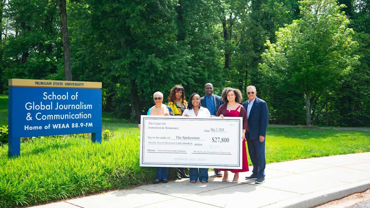 Nikole Hannah-Jones stands with winners of Howard University's Center for Journalism & Democracy first annual award to fund HBCU student newsrooms.