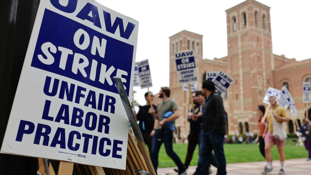 UCLA academic workers from United Auto Workers Local 4811 picket on the first day of their strike on May 28, 2024 in Los Angeles, California. The academic workers are striking over the law enforcement response at various University of California pro-Palestinian campus protests.