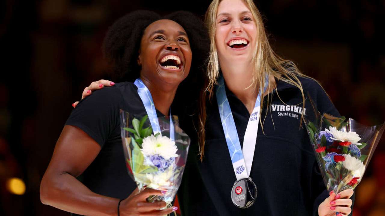 Simone Manuel of the United States and Gretchen Walsh of the United States smile during the medal ceremony for the Women's 50m freestyle final on Day Nine of the 2024 US Olympic Team Swimming Trials at Lucas Oil Stadium on June 23, 2024 in Indianapolis, Indiana.