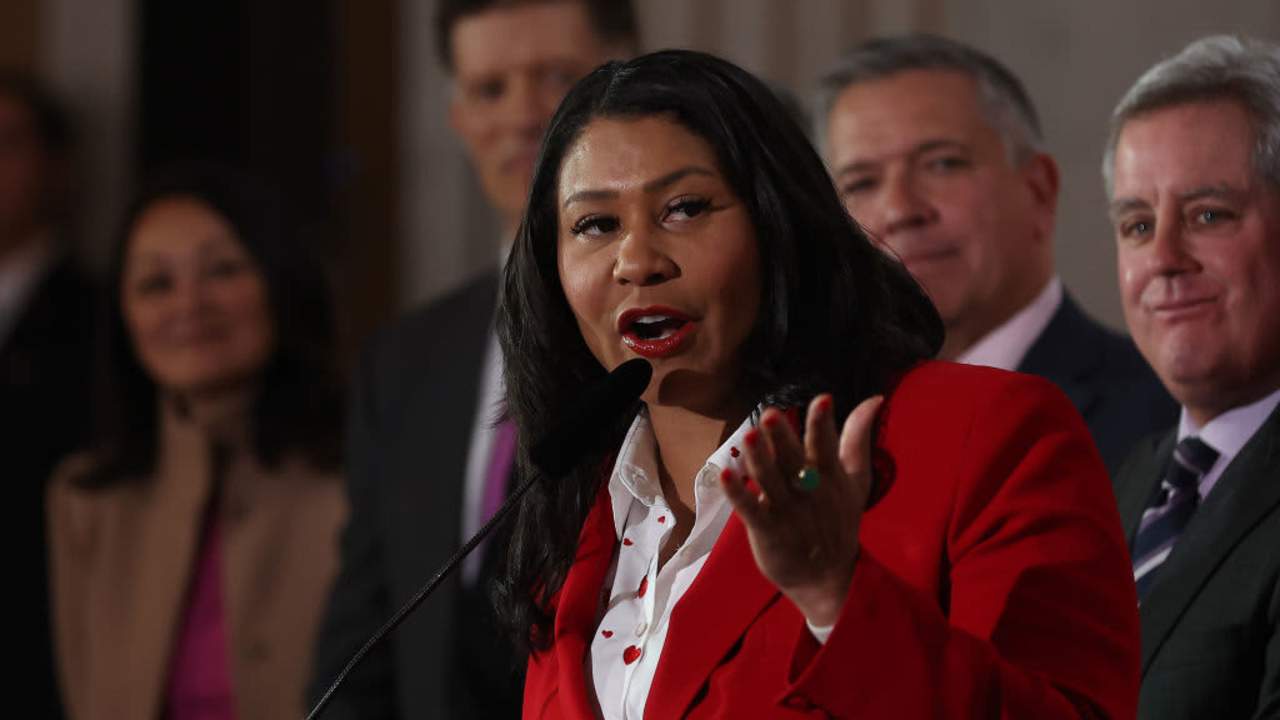 San Francisco Mayor London Breed speaks during a "Winter of Love" ceremony at San Francisco City Hall on February 14, 2024.