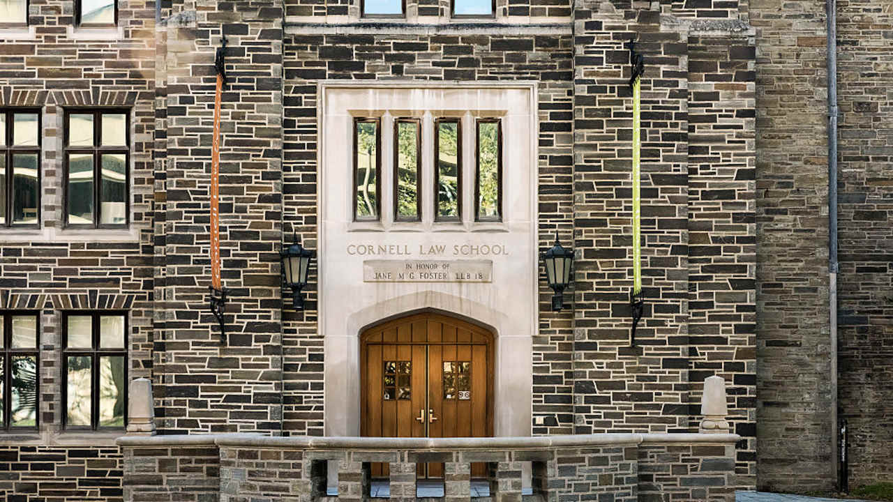 Exterior of Myron Taylor Hall at Cornell University School of Law in Ithaca, New York.