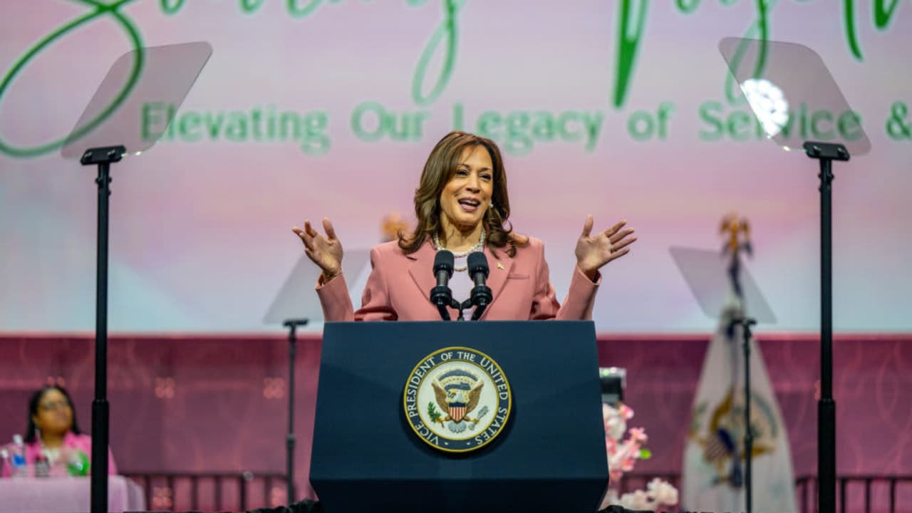 Kamala Harris speaks to Alpha Kappa Alpha Sorority members at the Kay Bailey Hutchison Convention Center on July 10, 2024 in Dallas, Texas. The Vice President spoke to approximately 20,000 members from her sorority in a continued effort to rally support ahead of the upcoming November Presidential election.