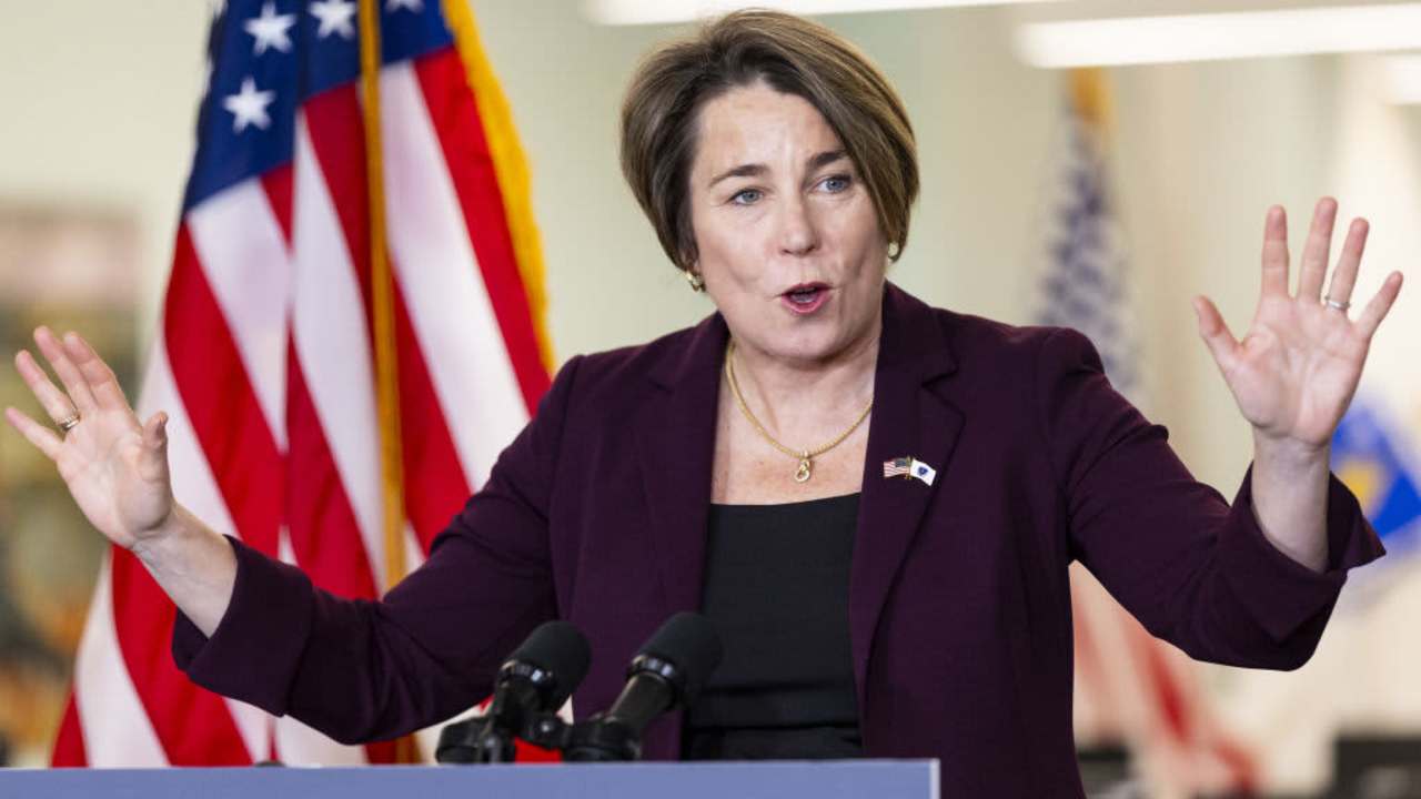 Maura Healey, governor of Massachusetts, speaks to press members at Roxbury Community College in Boston on January 10, 2024.
