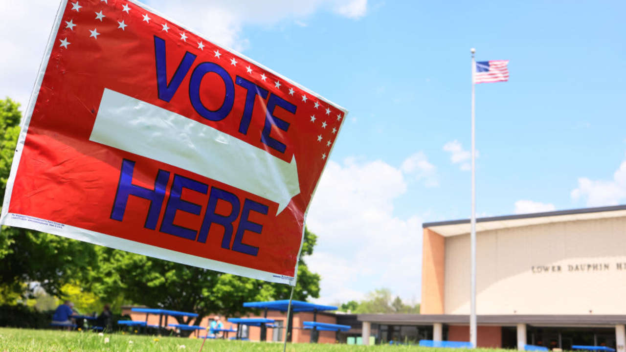 A sign with the words Vote Here displayed outside Lower Dauphin High School on May 17, 2022 in Hummelstown, Pennsylvania, in preparation for the 2022 primary season.