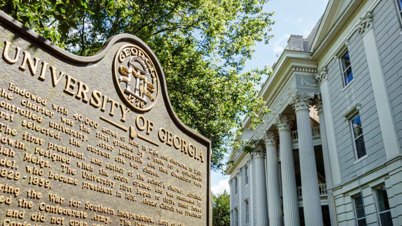 A historic marker sign on the University of Georgia campus, North Campus Quad, in downtown Athens, Georgia.