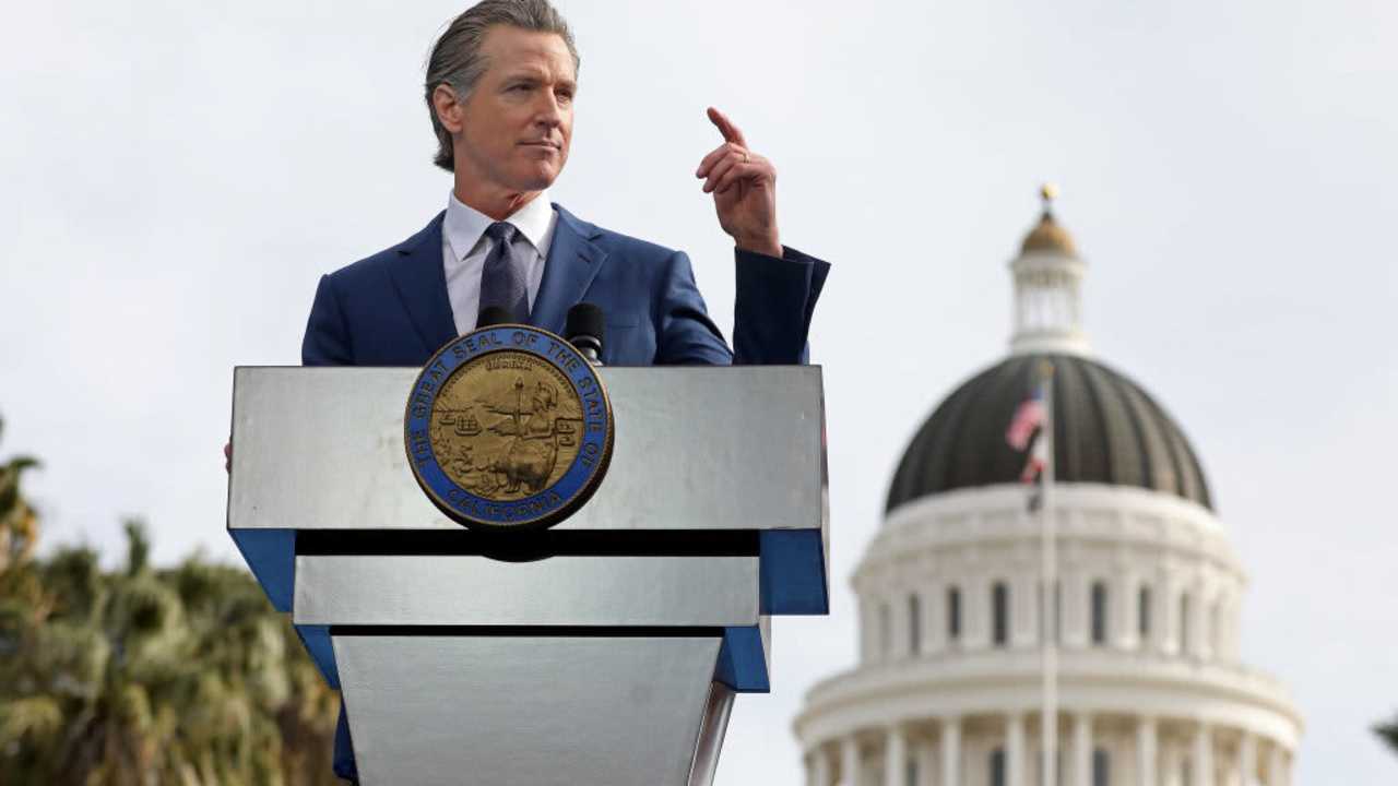 SACRAMENTO, CA - JANUARY 06: Gov. Gavin Newsom gives the inaugural address after taking the oath of office being sworn in by Chief Justice Patricia Guerrero, at his inauguration ceremony at the Capitol Mall on Friday, Jan. 6, 2023 in Sacramento, CA. Gov. Gavin Newsom celebrated the start of his second term Friday on the second anniversary of the attack on the U.S. Capitol.