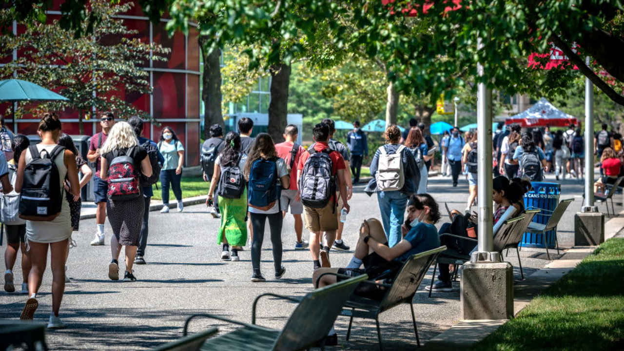 Taken in Stony Brook, N.Y. Students walk to classes on the campus at Stony Brook University in Stony Brook, New York on August 26, 2021.