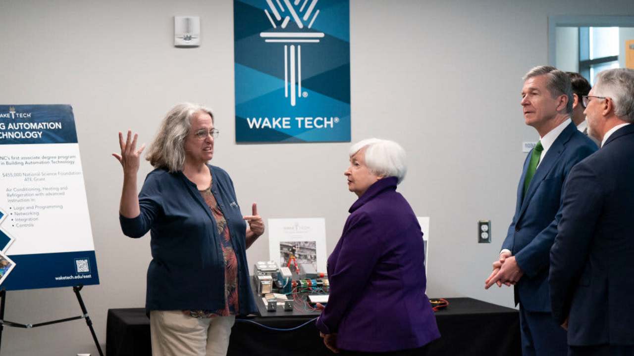 US Treasury Secretary Janet Yellen and North Carolina Governor Roy Cooper (2nd R) tour Wake Tech Community College East Campus on September 5, 2024