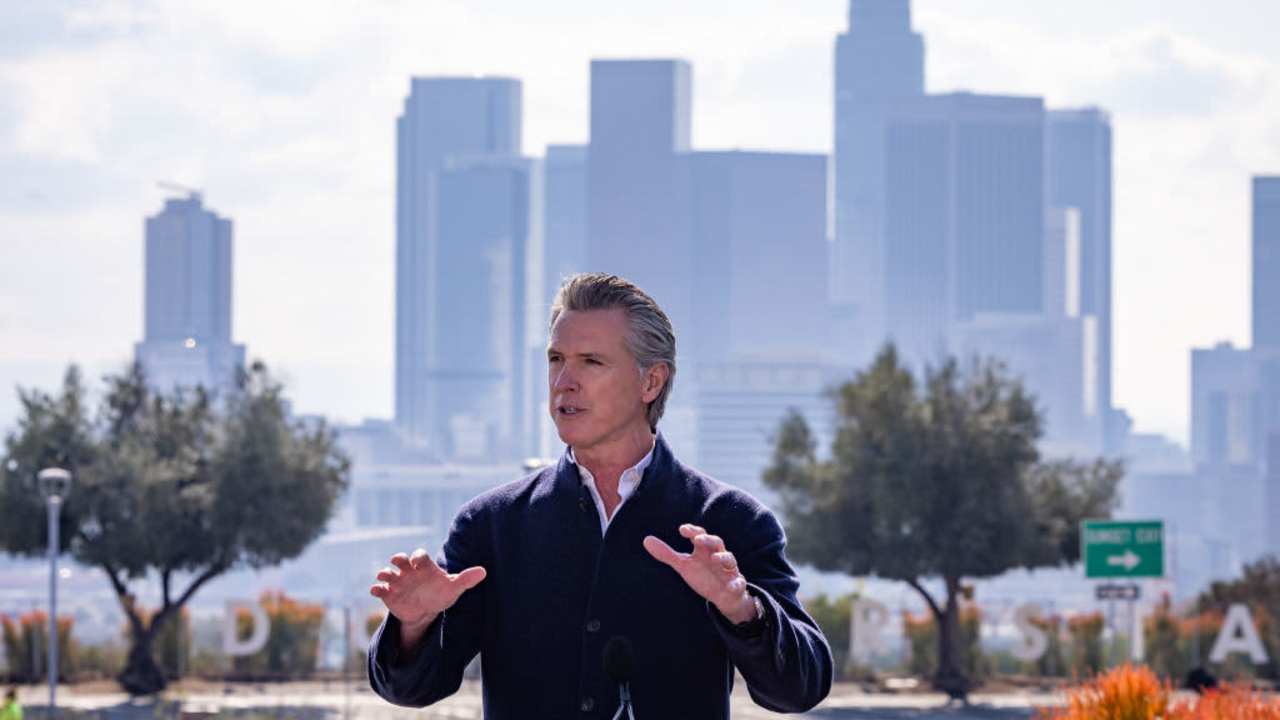 Governor Gavin Newsom announces a new wildfire rebuilding initiative during a press conference