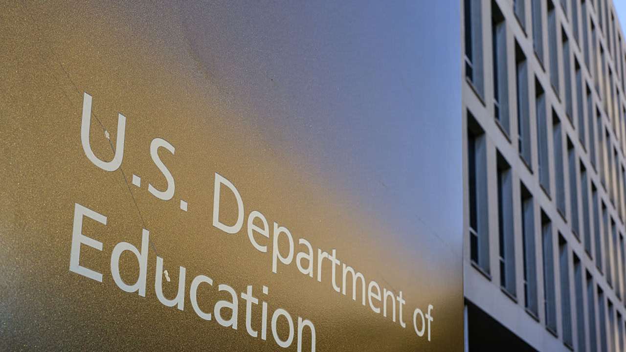A sign marks the location of the U.S. Department of Education headquarters building on June 20, 2025, in Washington, DC.