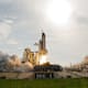 Space Shuttle Endeavour launches toward Earth orbit to rendezvous with the International Space Station.