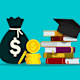 An illustration of a bag of money and gold coins beside a pile of books topped with a graduation cap.