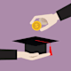 Cartoon of Businesspeople putting US dollar coin into a graduation cap