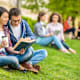 Happy college couple sitting next to each other on a campus lawn, reading from a book while drinking coffee together.
