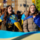 Demonstrators gather for a protest against the Russian invasion of Ukraine