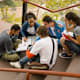 Students studying on staircase landing, elevated view