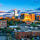 Aerial view of the warehouse district in downtown Raleigh, North Carolina, at sunset.