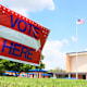 A sign with the words Vote Here displayed outside Lower Dauphin High School on May 17, 2022 in Hummelstown, Pennsylvania, in preparation for the 2022 primary season.