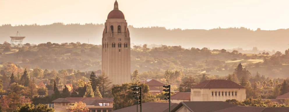 PALO ALTO, CA - NOVEMBER 27: A view of Hoover Tower and the Stanford University campus seen from Stanford Stadium on the day of an NCAA football game between the Notre Dame Fighting Irish and the Stanford Cardinal on November 27, 2021 in Palo Alto, California. (Photo by David Madison/Getty Images)