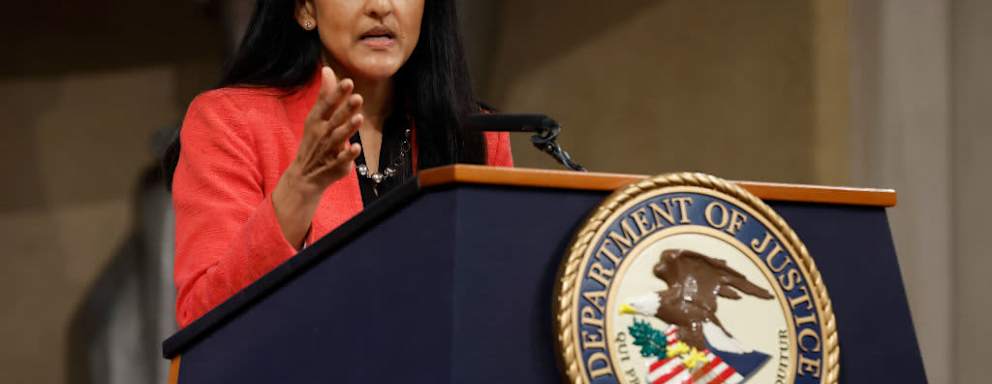 WASHINGTON, DC - MAY 20: U.S. Associate Attorney General Vanita Gupta delivers remarks during an event to mark the first anniversary of the COVID-19 Hate Crimes Act at the Department of Justice Robert F. Kennedy Building on May 20, 2022 in Washington, DC. Noting that 10 Black people were murdered as they shopped for groceries in a racist massacre on May 14th in Buffalo, New York. The Biden Administration officials announced a series of policy initiatives to help deter and confront hate crimes and other bias-related incidents. (Photo by Chip Somodevilla/Getty Images)
