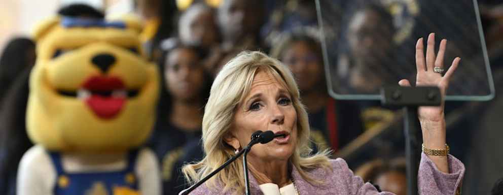 GREENSBORO, USA - SEPTEMBER 12: First Lady Jill Biden and U.S. Secretary of Education Miguel Cardona visits Greensboro, North Carolina to kick off the Road to Success Back to School Bus Tour to showcase the many ways school communities are helping students recover and thrive, including utilizing historic resources for schools provided by the Biden-Harris AdministrationÃs American Rescue Plan in Greensboro NC, United States on September 12, 2022 (Photo by Peter Zay/Anadolu Agency via Getty Images)