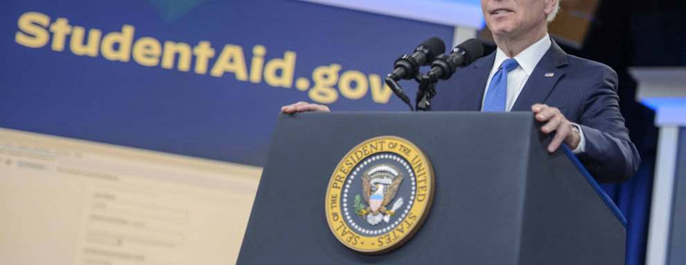 US President Joe Biden speaking about student debt relief in the Eisenhower Executive Office Building in Washington, DC.